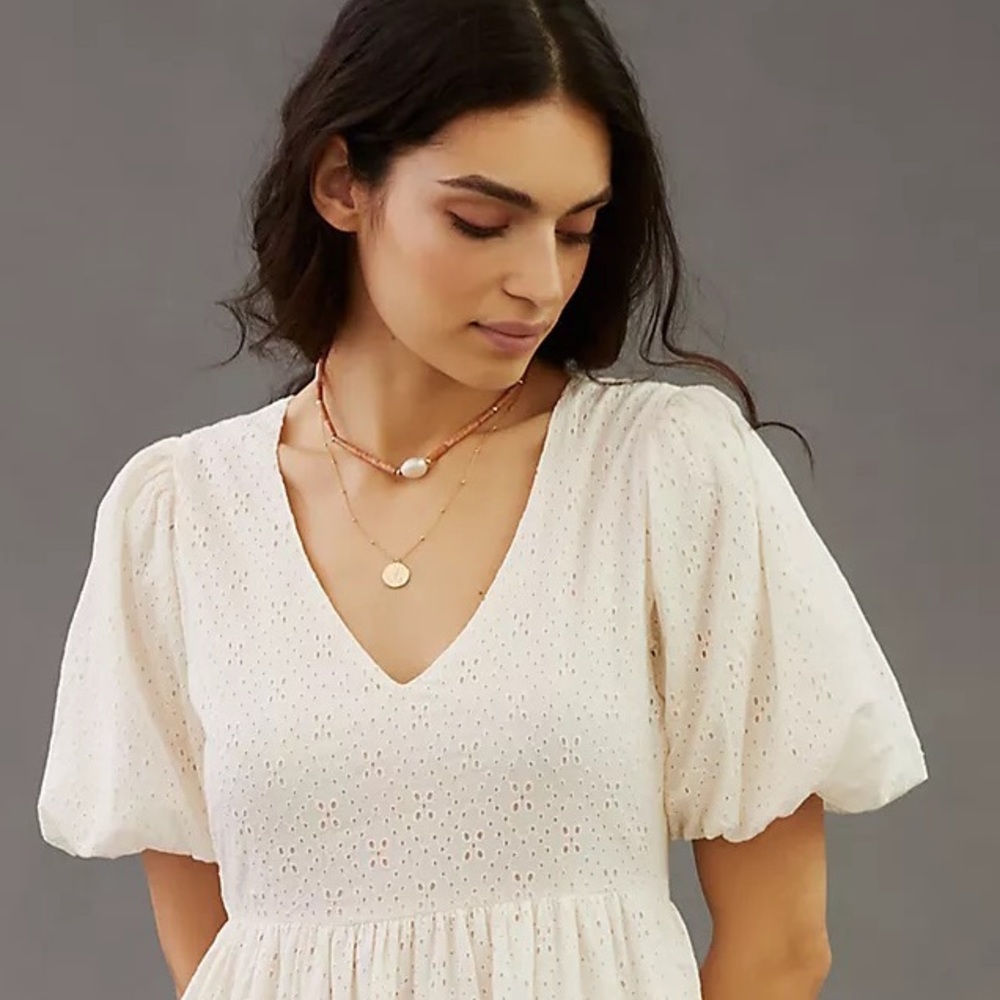 MOTHER Cotton Eyelet Puff Sleeve V-Neck Maxi Dress - Picture 6 of 9
